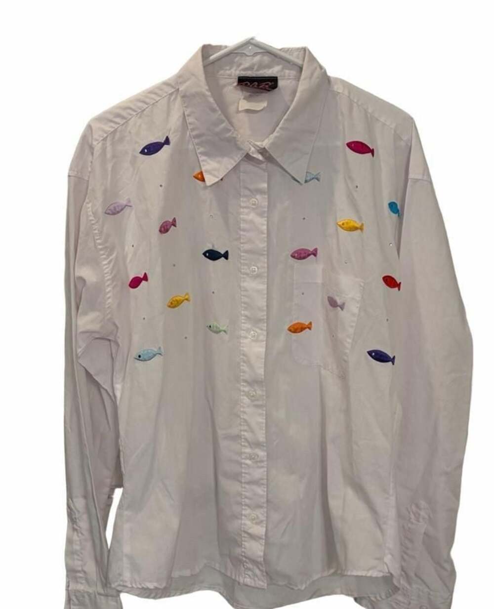 Vintage White Button Down Fisherman Shirt Embroidered Fish & Rhinestones